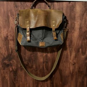 Like new Longforth leather and canvas satchel. Brown and gray. Many pockets.